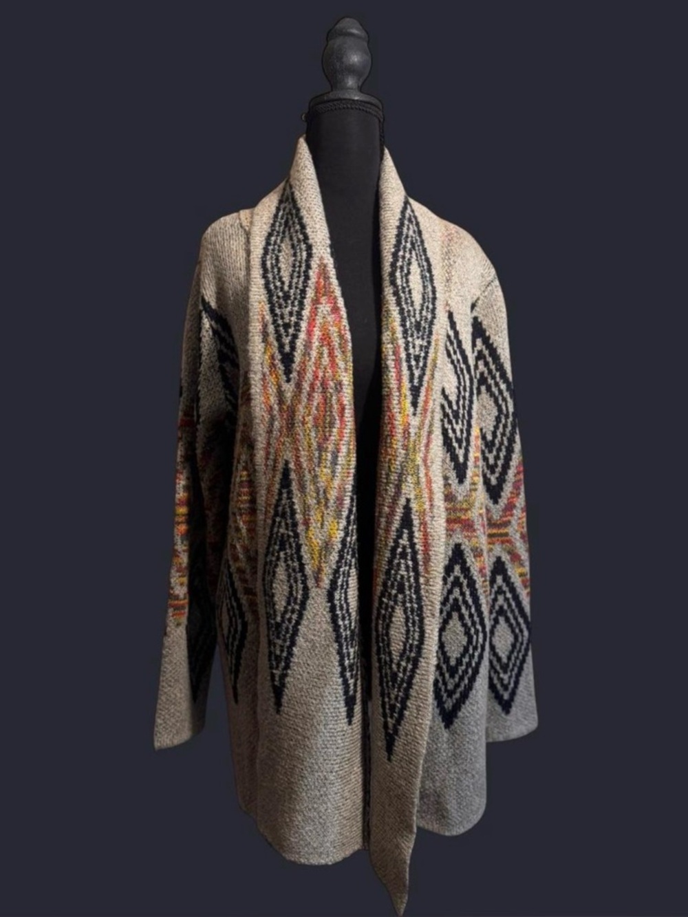 Open-Front Aztec Pattern Cardigan Sweater - Cream/Black